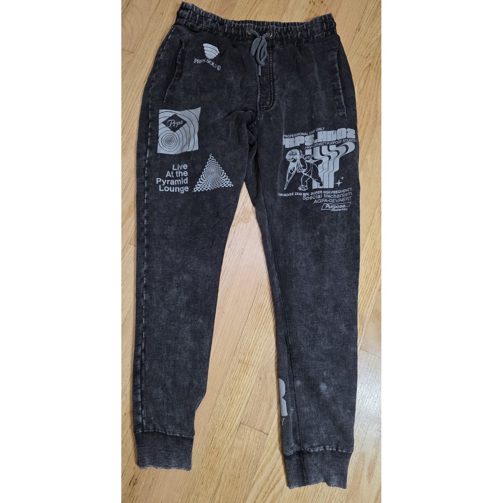 PRPS Nakabito Graphic Jogger Pants Black Acid Wash Mens Small Pyramid Lounge